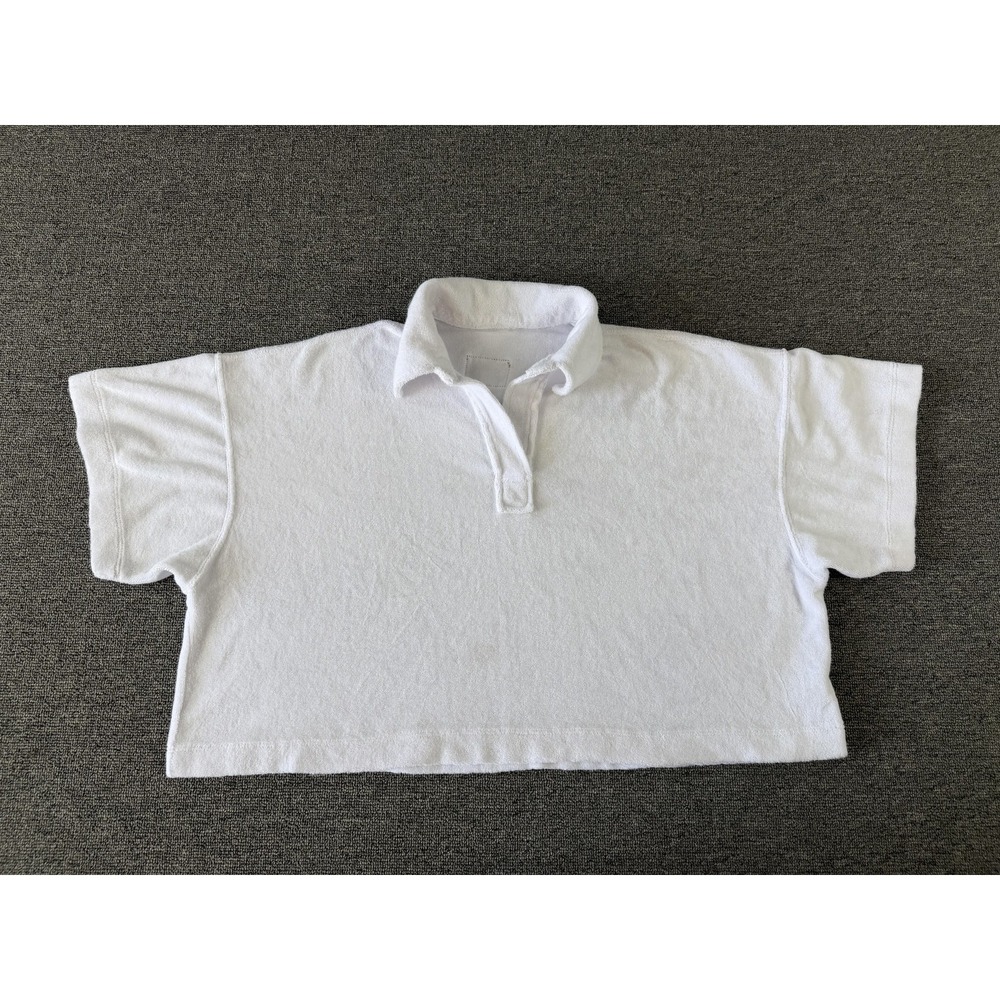 Daily Drills Polo Shirt Womens Large White Terry Cropped Short Sleeve Pullover
